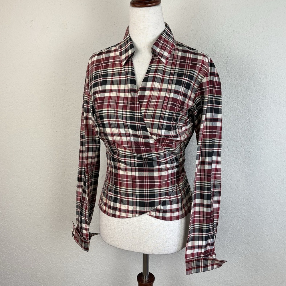 Vtg Ann Taylor XS 100% Silk Wrap Blouse Plaid Preppy Long Sleeve Old Money Y2K